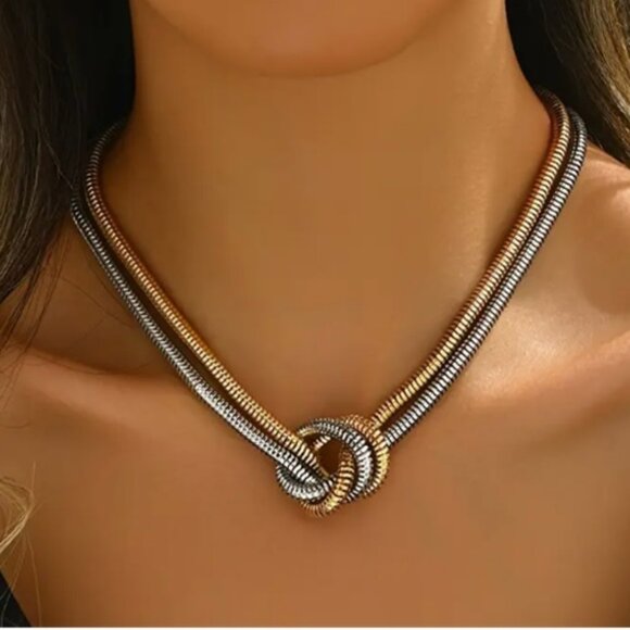 White & Gold Electro-Plated Twisted Snake Chain Knot Necklace - Picture 1 of 4